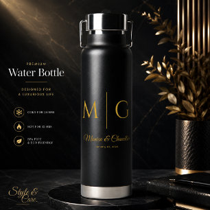 Bouteille D'eau Monogramme Élégant Avec Noms de Couple Noir