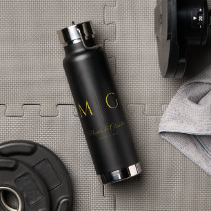 Bouteille D'eau Monogramme Élégant Avec Noms de Couple Noir