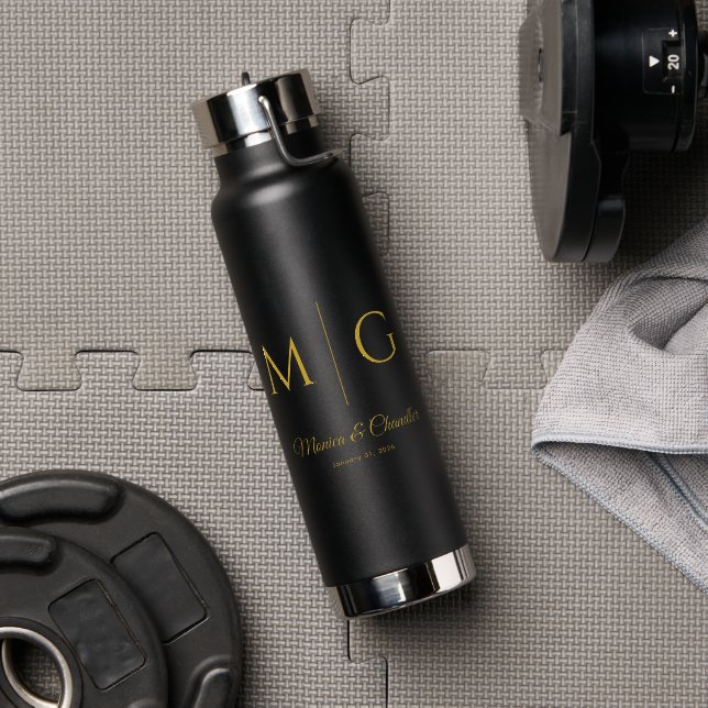 Bouteille D'eau Monogramme Élégant Avec Noms de Couple Noir (Salle de sport (pivotée))