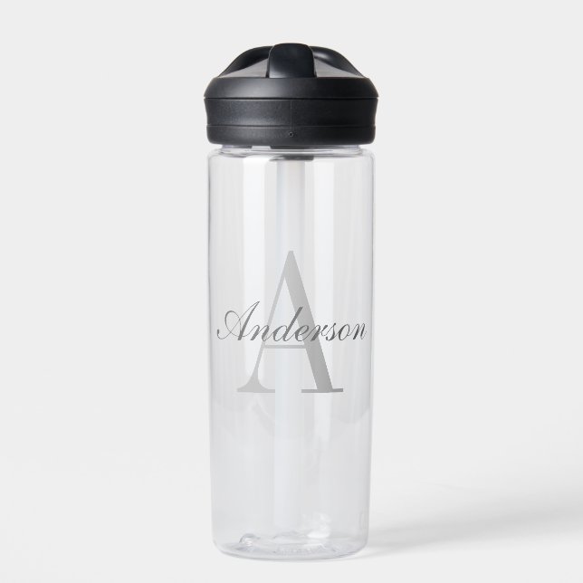 Bouteille D'eau Monogramme élégant blanc et gris (Extérieur)
