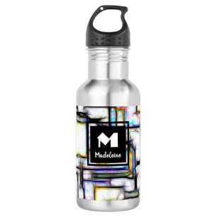 Bouteille D'eau Monogramme élégant carré moderne à motif aquarelle