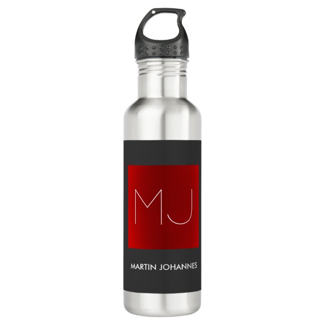 Bouteille D'eau Monogramme Elegant Red Grey Ajouter Nom Initiales (Devant)