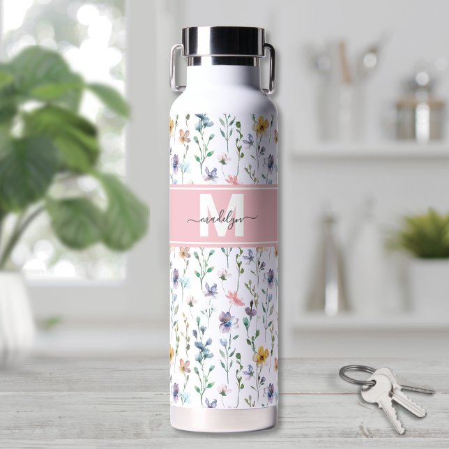 Bouteille D'eau Monogramme Féminin Bohème Botanique Script (Feminine Boho Botanical Script Monogram Water Bottle)