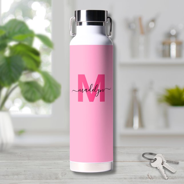 Bouteille D'eau Monogramme Féminin Rose Chaud (Girly Hot Pink Initial Script Name Monogram Water Bottle)