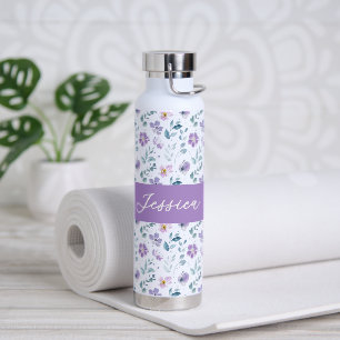 Bouteille D'eau Monogramme Fleur Sauvage Aquarelle Violet Vert Nom