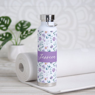 Bouteille D'eau Monogramme Fleur Sauvage Aquarelle Violet Vert Nom