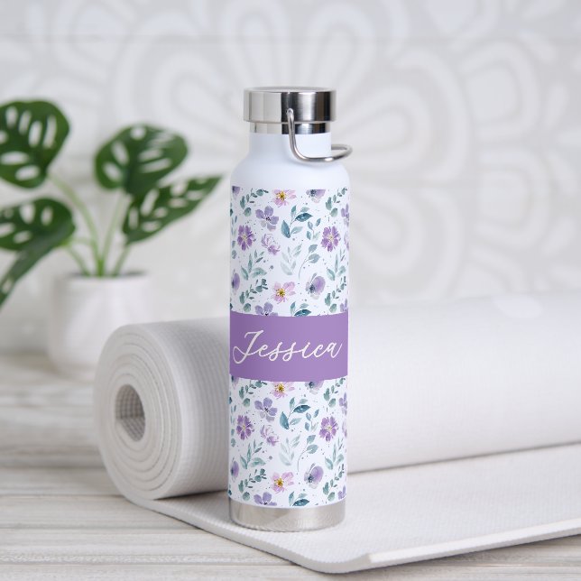 Bouteille D'eau Monogramme Fleur Sauvage Aquarelle Violet Vert Nom (Yoga)