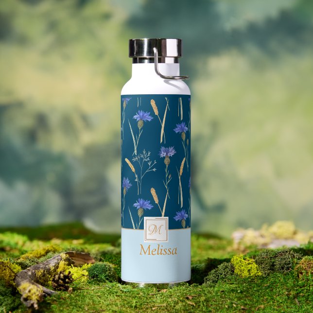 Bouteille D'eau Monogramme Fleur sauvage Floral Bleu (Extérieur)