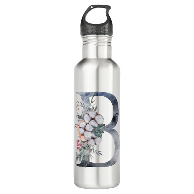 Bouteille D'eau Monogramme floral bleu initial B (Devant)