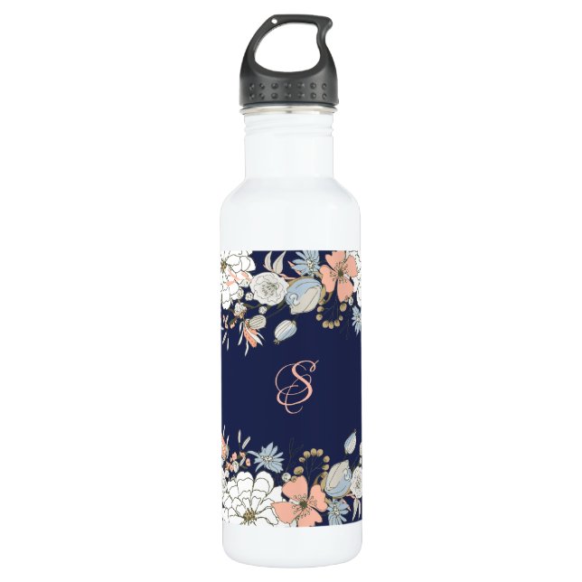Bouteille D'eau Monogramme floral bleu rose bleu marine Personnali (Devant)
