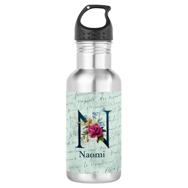 Bouteille D'eau Monogramme floral élégant initial N (Devant)