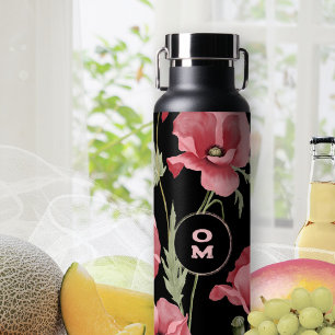 Bouteille D'eau Monogramme floral moderne rose noir grand pavot