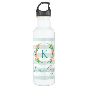 Bouteille D'eau Monogramme floral paradis et rayures