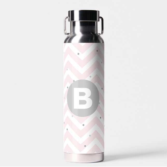 Bouteille D'eau Monogramme gris et chevron rose pastel et points (Avant)