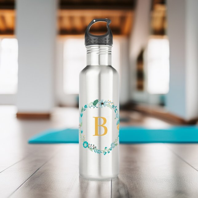 Bouteille D'eau Monogramme jaune et aqua, couronne florale (Créateur téléchargé)