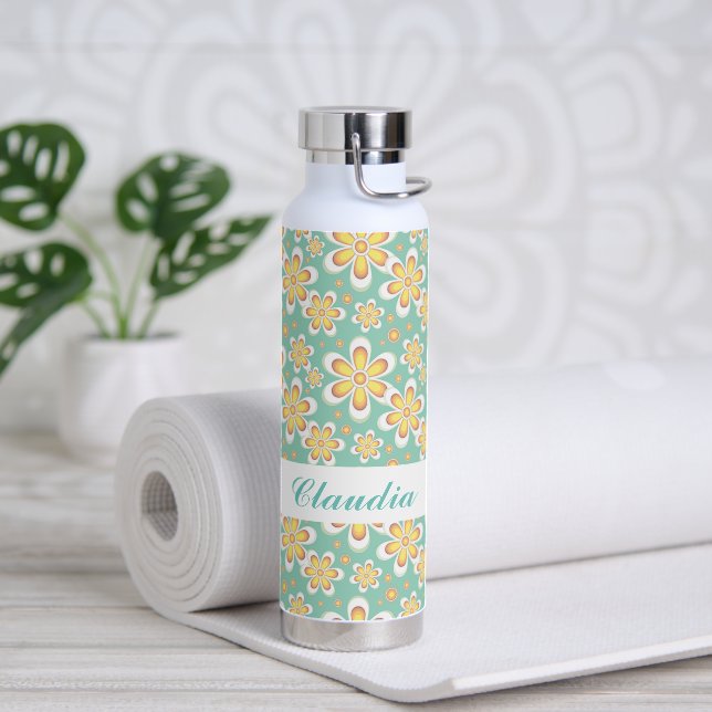 Bouteille D'eau Monogramme joli fleurs orange sur vert (Yoga)