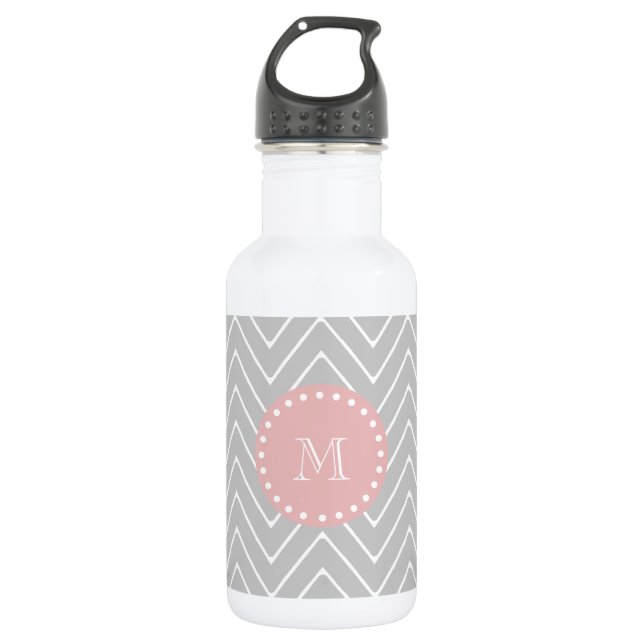 Bouteille D'eau Monogramme moderne de coutume de Chevron de gris (Devant)