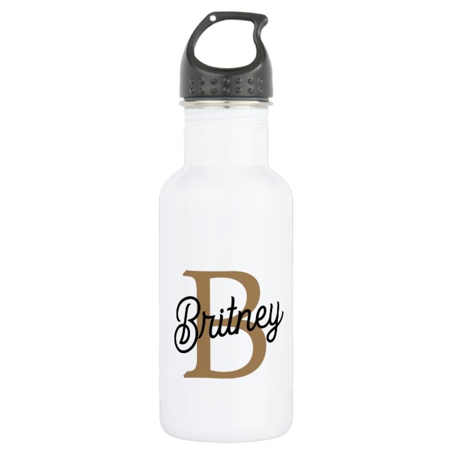 Bouteille D'eau Monogramme moderne élégant Nom Black Gold Script (Devant)