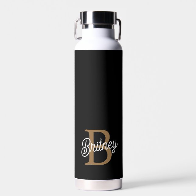 Bouteille D'eau Monogramme moderne élégant Nom Black Gold Script (Avant)