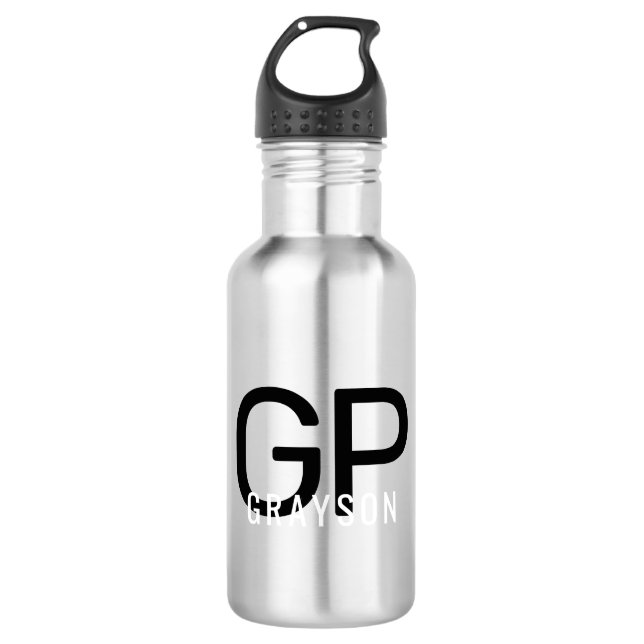 Bouteille D'eau Monogramme moderne Nom noir & gris Personnalisé (Devant)
