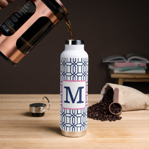 Bouteille D'eau Monogramme Motif géométrique octogone bleu blanc
