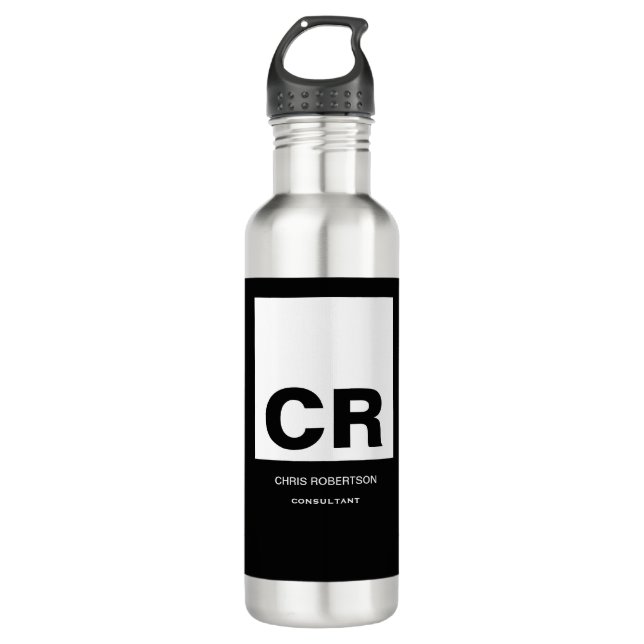 Bouteille D'eau Monogramme noir blanc Créer cadeau personnalisé (Devant)