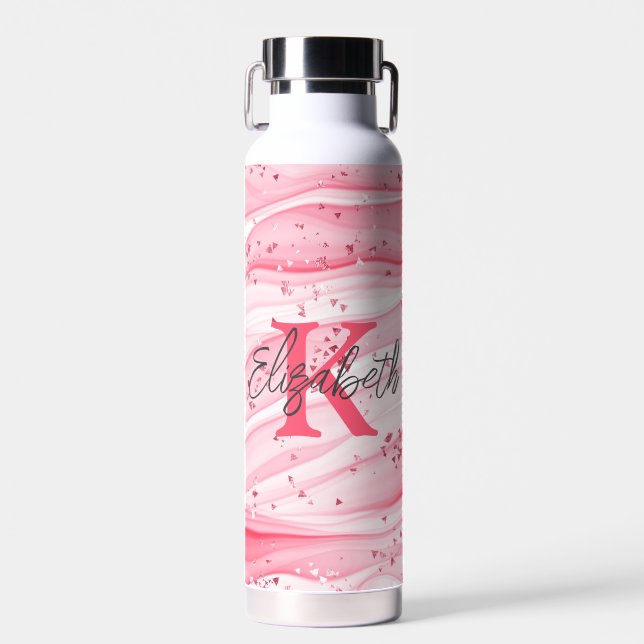 Bouteille D'eau Monogramme Nom Initial Rose Blanc Paillettes Argen (Avant)