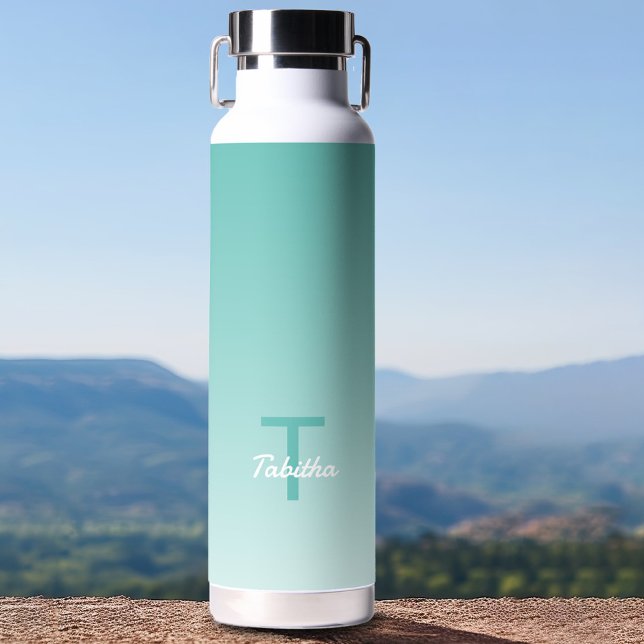 Bouteille D'eau Monogramme Nom initial Script Dégradé Vert Turquoi (Créateur téléchargé)