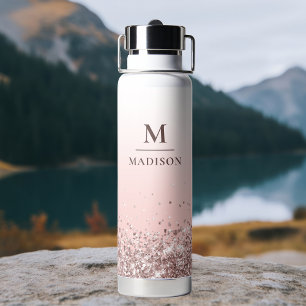 Bouteille D'eau Monogramme Nom Parties scintillant rose élégant Mo