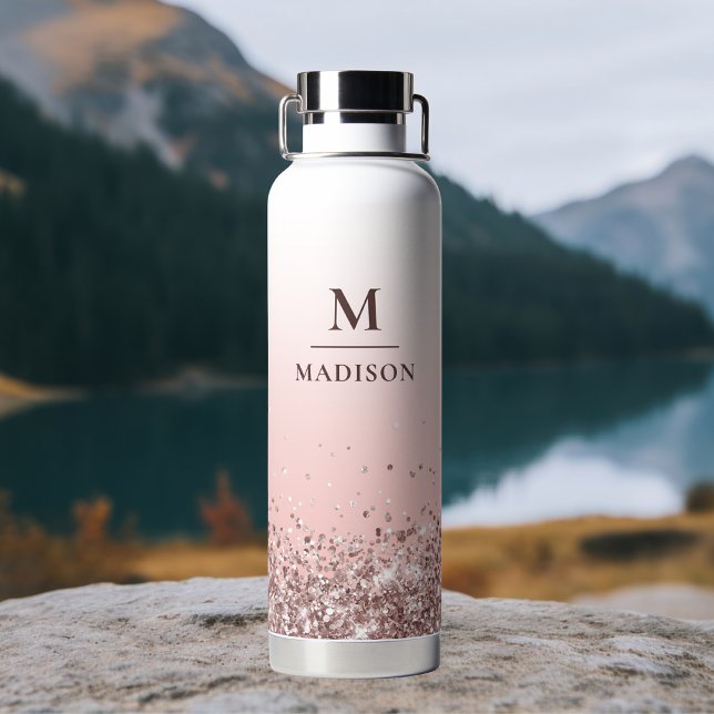 Bouteille D'eau Monogramme Nom Parties scintillant rose élégant Mo (Créateur téléchargé)
