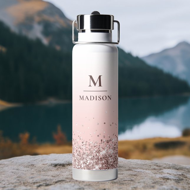 Bouteille D'eau Monogramme Nom Parties scintillant rose élégant Mo (Créateur téléchargé)