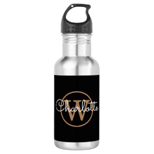 Bouteille D'eau Monogramme Or Moderne Écriture Noir