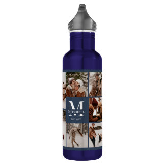 Bouteille D'eau Monogramme personnalisé moderne & Collage photo bl