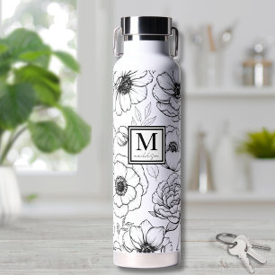 Bouteille D'eau Monogramme Personnalisé Noir Blanc Chic