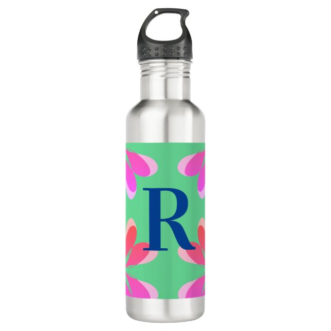 Bouteille D'eau Monogramme personnalisé Vert rose rétro Floral (Devant)
