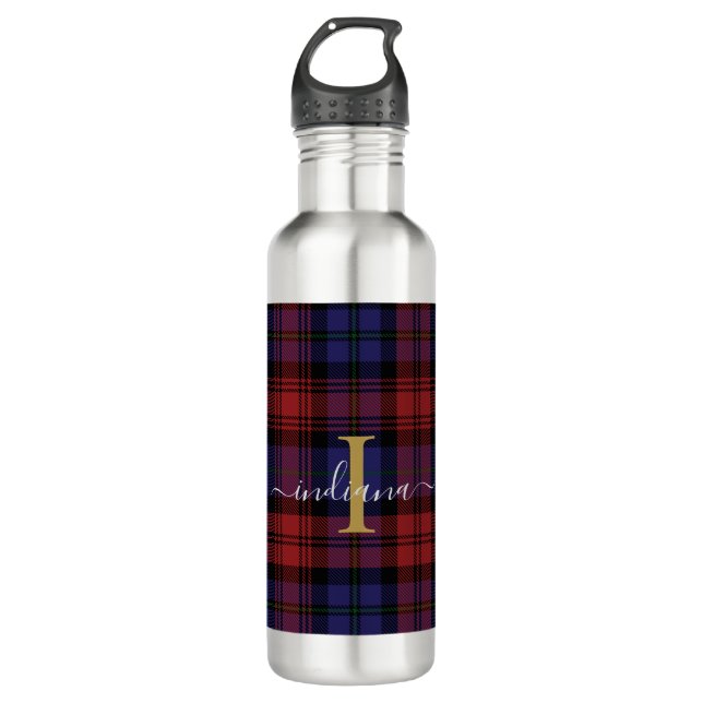 Bouteille D'eau Monogramme Plaid Script Tartan Rustique (Devant)