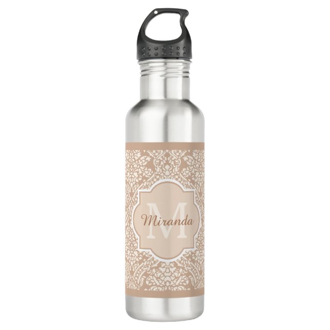 Bouteille D'eau Monogramme Posh Tan Damask Avec Nom (Devant)