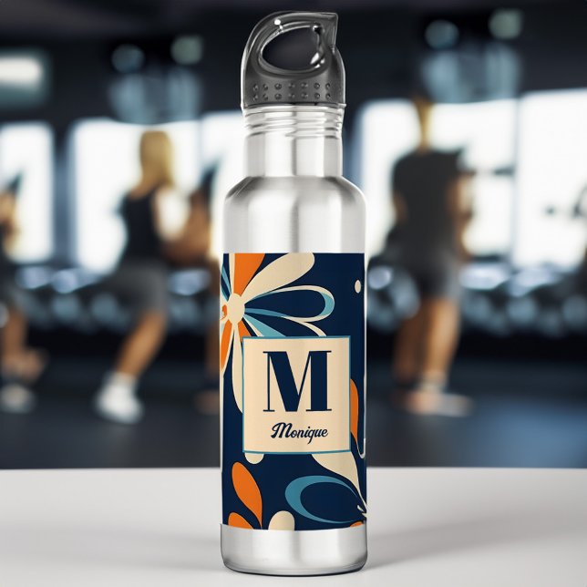 Bouteille D'eau Monogramme rétro cadeau de marguerite turquoise du (Monogram retro midcentury teal daisy bridesmaid gifts personalized water bottle bridal party favors)