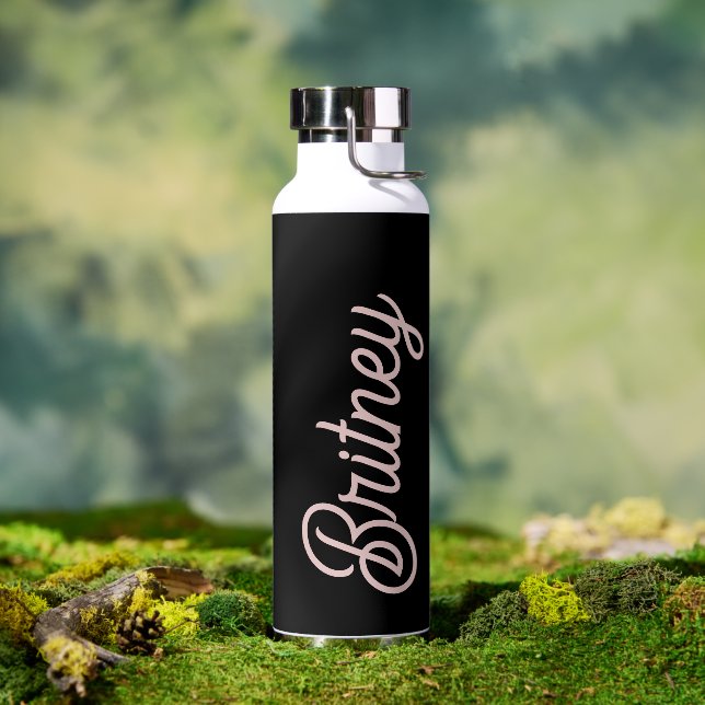 Bouteille D'eau Monogramme rose roux noir moderne Nom (Extérieur)