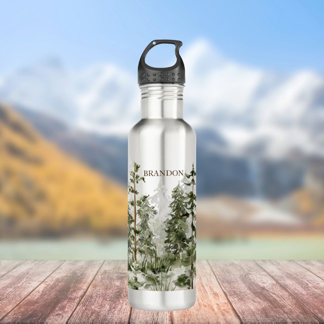 Bouteille D'eau Monogramme Russe Aquarelle Forêt verte (In situ)