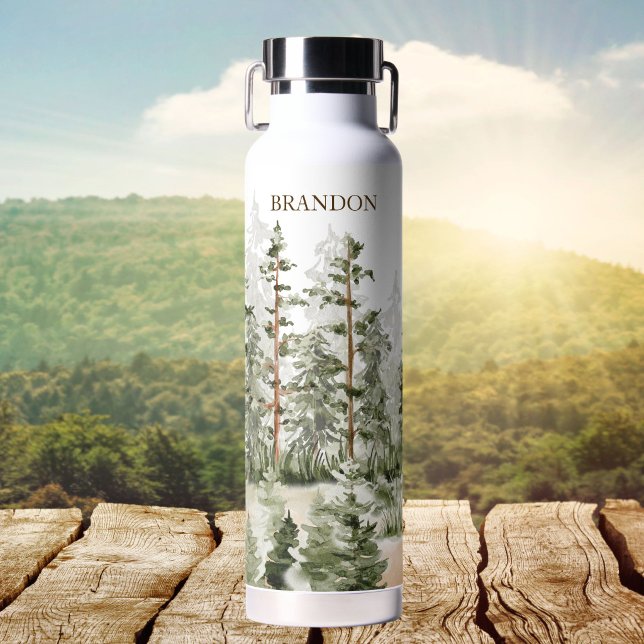 Bouteille D'eau Monogramme Rustique Aquarelle Forêt Verte (Créateur téléchargé)