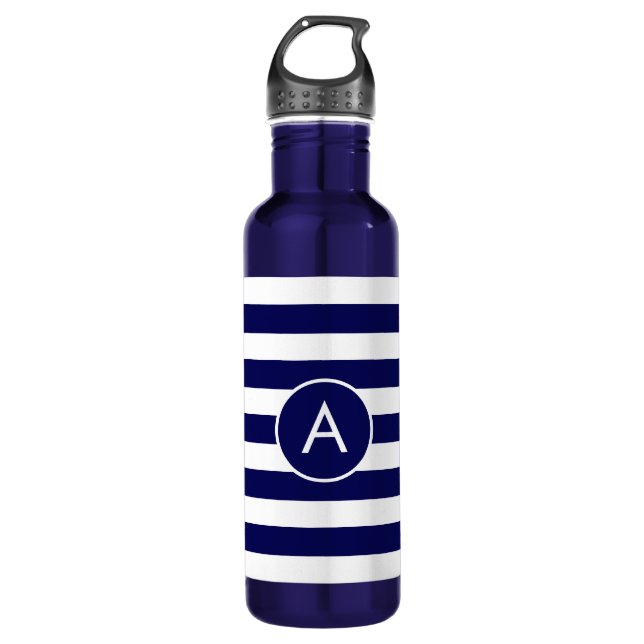 Bouteille D'eau Monogramme sur Navy Bleu & Blanc rayé (Devant)