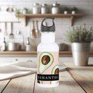 Bouteille D'eau Motif Avocado Rose Et Vert Moderne Avec Nom
