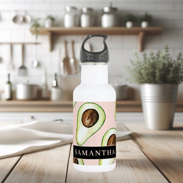 Bouteille D'eau Motif Avocado Rose Et Vert Moderne Avec Nom (Créateur téléchargé)