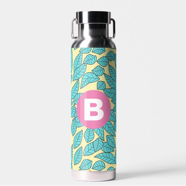 Bouteille D'eau Motif botanique de feuilles sarcelle Monogramme ro (Avant)