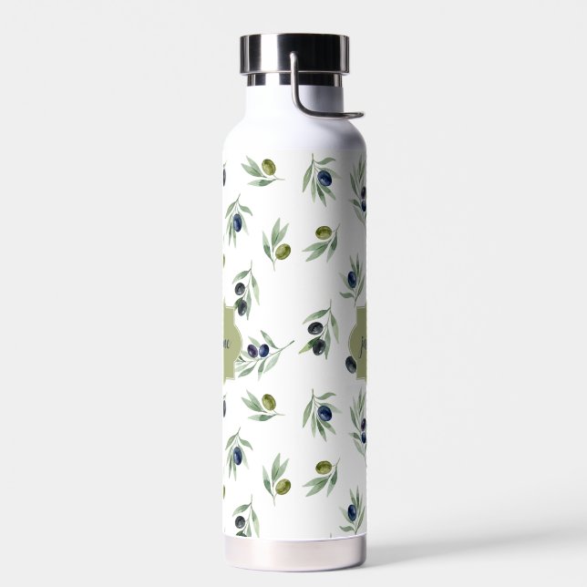 Bouteille D'eau Motif chic aquarelle Monogramme Nom Vert Olive (Gauche)