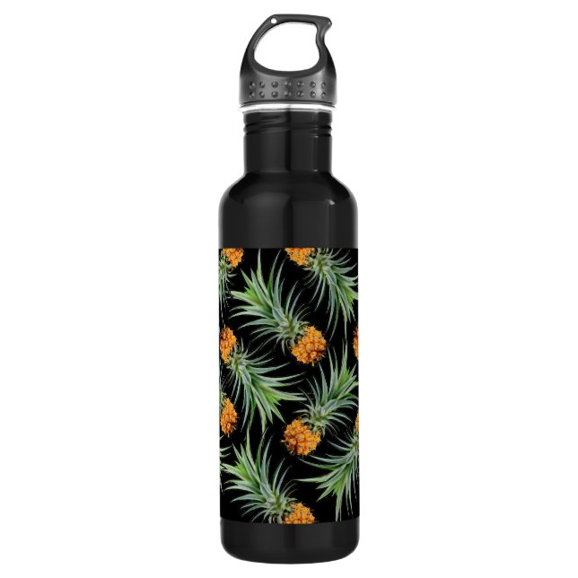Bouteille D'eau Motif d'ananas tropical sur noir (Devant)