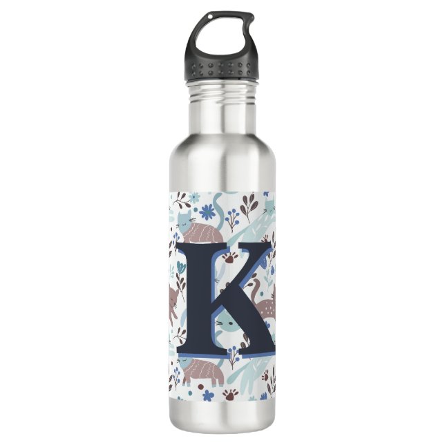 Bouteille D'eau Motif de chat Whimsical, Monogramme gris bleu (Devant)