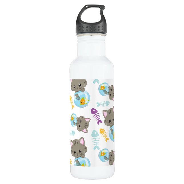 Bouteille D'eau Motif De Chats, Chats Mignons, Chatons, Poisson (Devant)