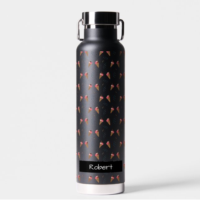 Bouteille D'eau Motif de crème glacée transparente noire avec nom (Avant)